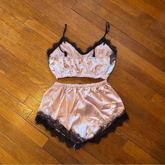 SHEIN Pink Satin Pajama Set with Black Lace - Picture 4 of 9